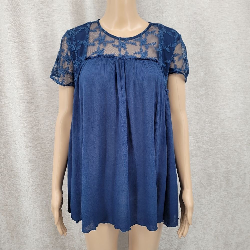 Altar'd State Blue Lace Peasant Blouse Top Women's Medium Boho